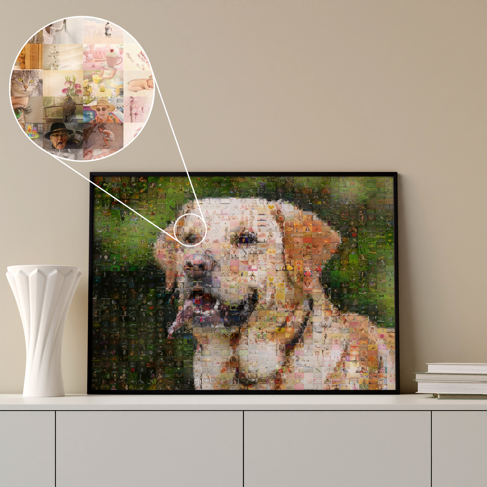 Retrato de perro en mosaico de fotos con marco negro sobre un aparador y detalle ampliado de las fotos
