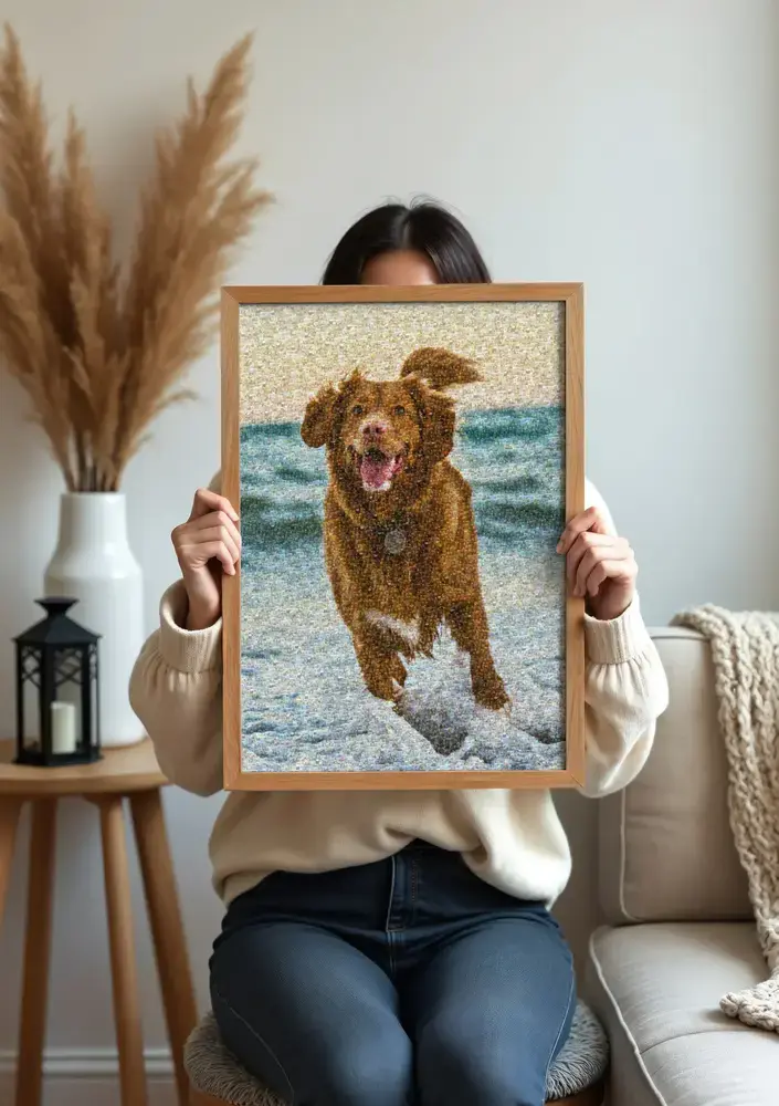 Mosaico de fotos de un perro marrón junto al agua, con marco de madera natural, delante de un sofá